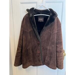 Vintage Guess Women's L Brown Suede Leather Faux Fur Lined Jacket Coat Y2K